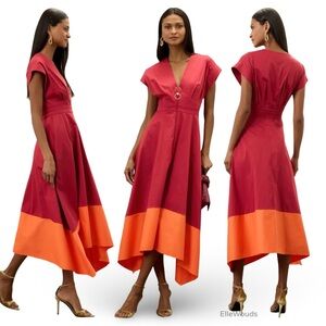 Roksanda Two Tone Midi Dress Red Orange Twill US Size 4 $410